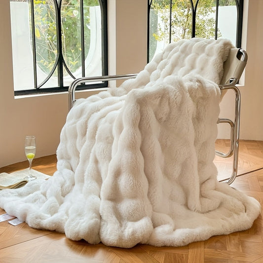 Luxuriöse Faux-Kaninchenfell-Bubble-Fleecedecke – Weiche, dicke Sofadecke