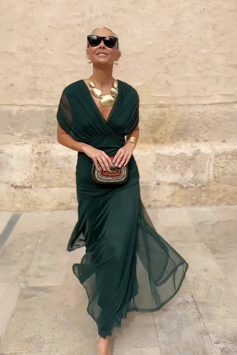 Elegant V-neck Maxi Dress Women with Gradient Design, Flowy Silhouette, Waist-Pleated Fit