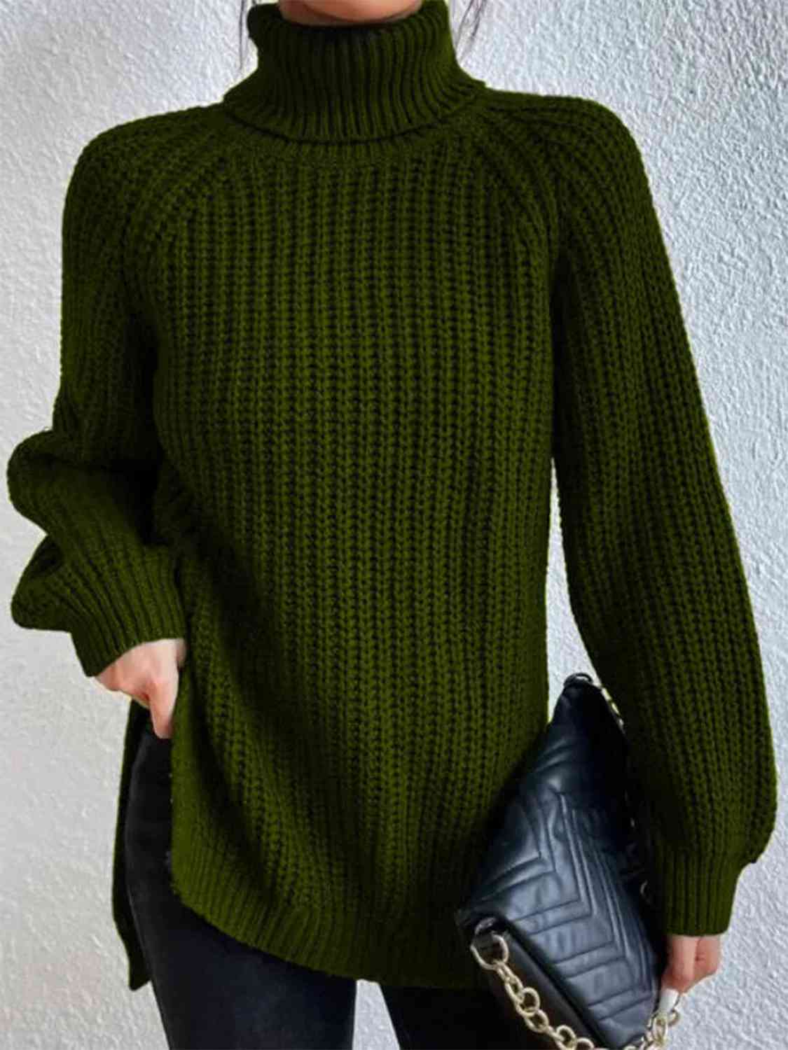 Angela Pull Femme – Pull à Col Roulé Côtelé avec Fente Latérale Chic pour Automne/Hiver Élégant