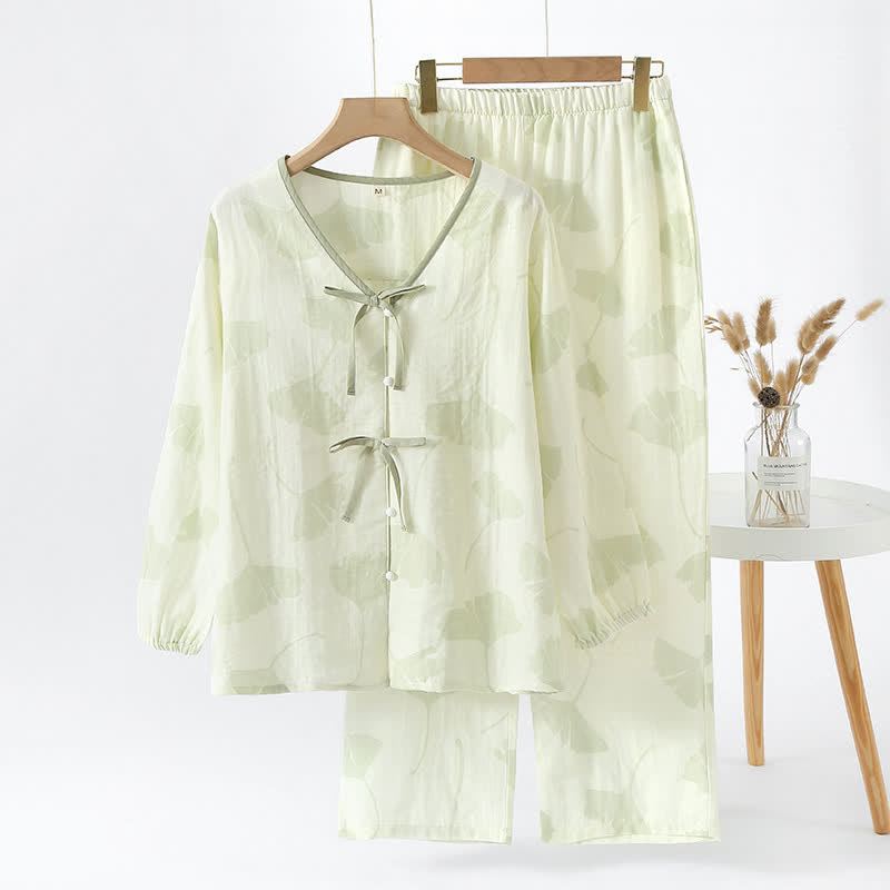 Pyjama Décontracté Élégant Femme à Feuilles de Ginkgo – Ensemble 2 Pièces Léger et Doux en Coton avec Noeud Décoratif et Coupe Ample