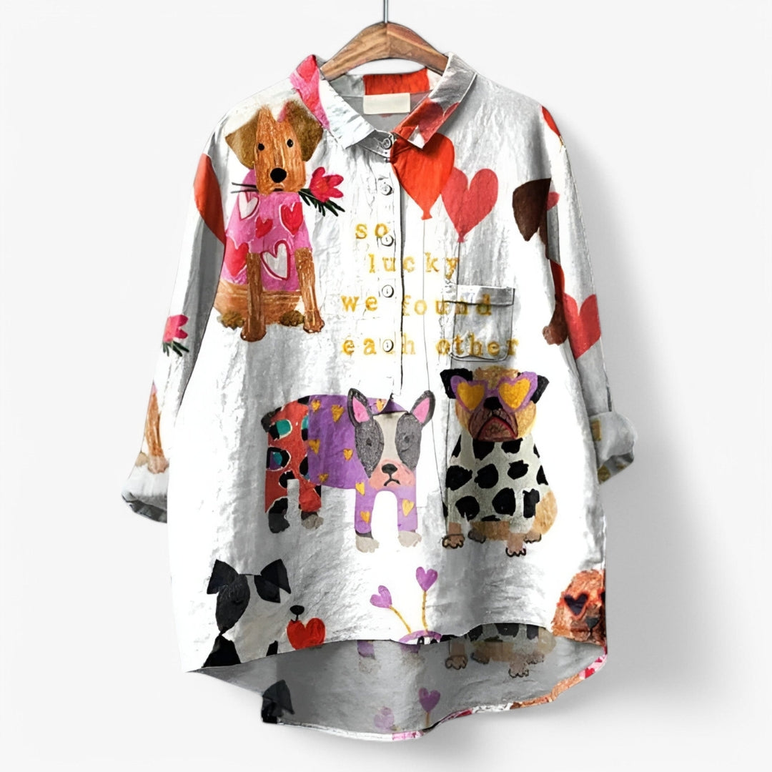 Daisy – Chemise à imprimé chien ludique avec boutonnage sur le devant et manches longues