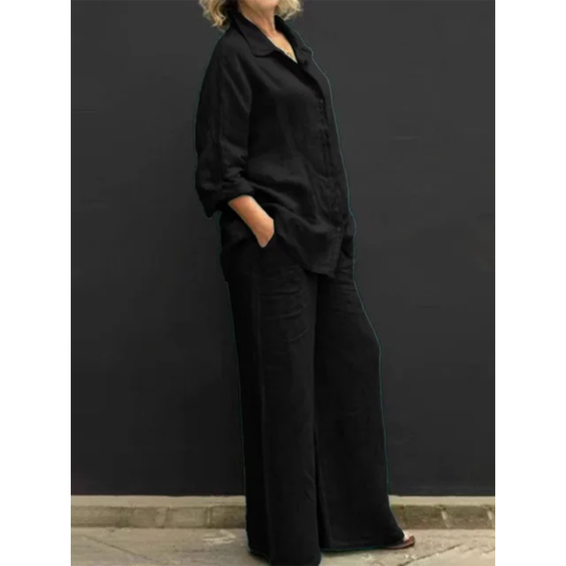 Tweedelig Linnen Set met Blouse en Wijde Broek