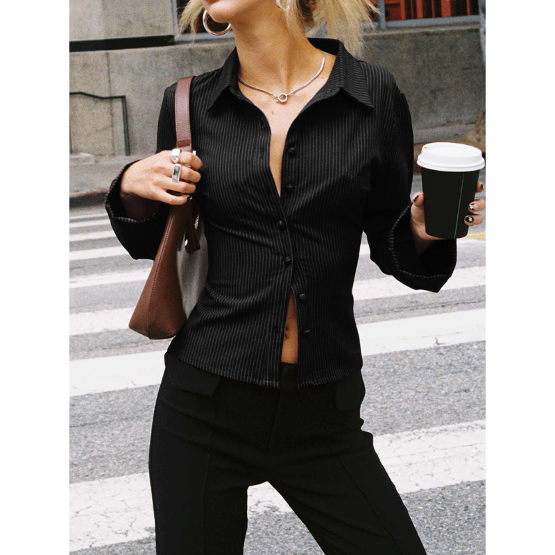 Getailleerde Dames Blouse met Strepen en Klassieke Kraag