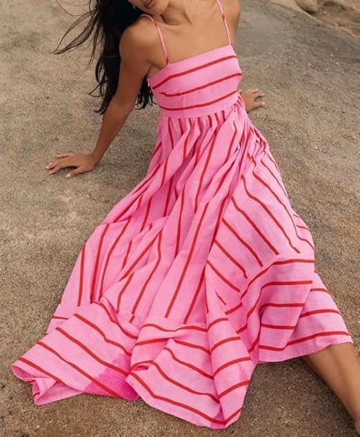 Sunset Vibes Maxi Dress for Women | Contrasting Stripes, Slight Waist Stretch