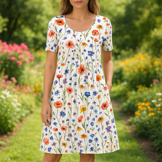 Midi Dress for Women’s Cotton Blend Dress with A-Line Fit, Functional Pockets & U-Neckline