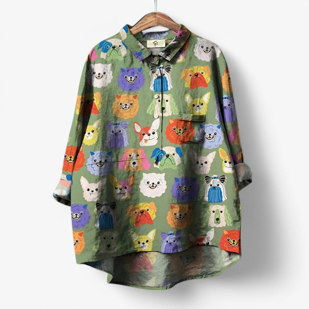 Daisy – Chemise à imprimé chien ludique avec boutonnage sur le devant et manches longues