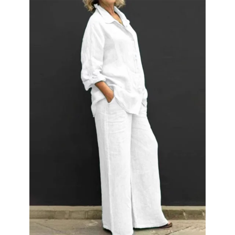 Tweedelig Linnen Set met Blouse en Wijde Broek