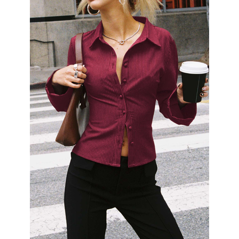 Getailleerde Dames Blouse met Strepen en Klassieke Kraag