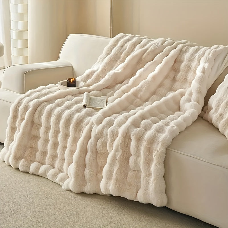 Luxuriöse Faux-Kaninchenfell-Bubble-Fleecedecke – Weiche, dicke Sofadecke