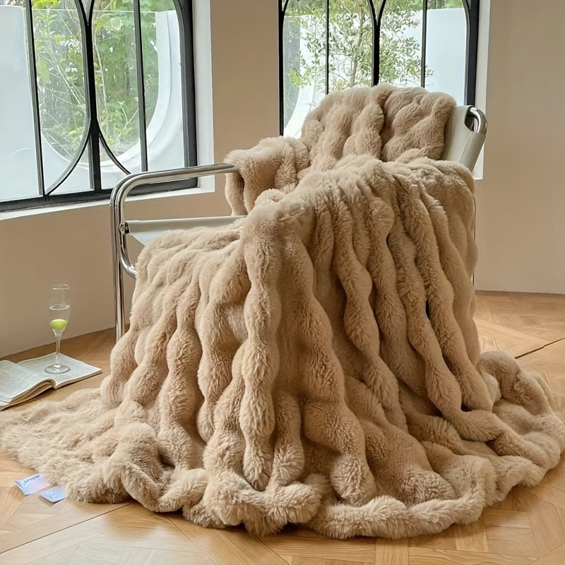 Luxuriöse Faux-Kaninchenfell-Bubble-Fleecedecke – Weiche, dicke Sofadecke