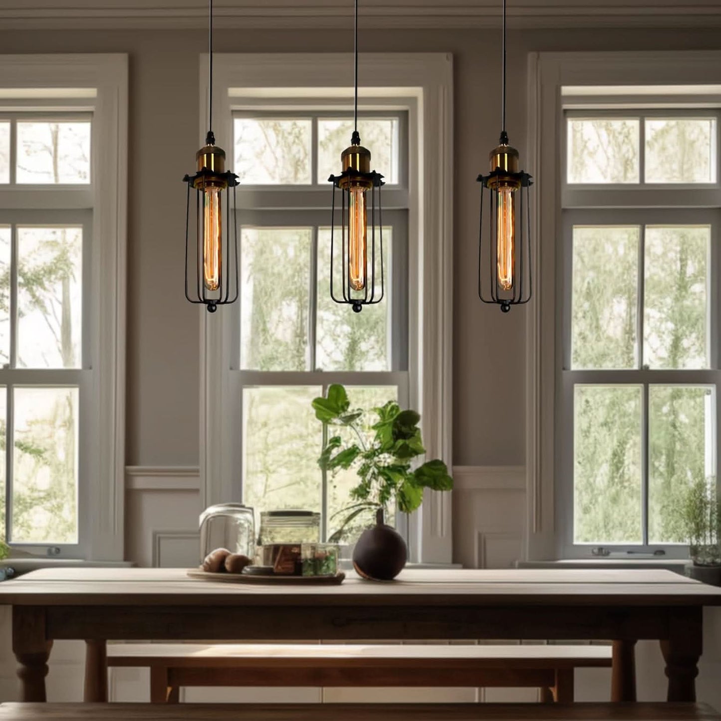 Retro Industrial Pendant Light with Metal Cage