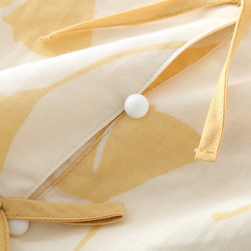 Pyjama Décontracté Élégant Femme à Feuilles de Ginkgo – Ensemble 2 Pièces Léger et Doux en Coton avec Noeud Décoratif et Coupe Ample