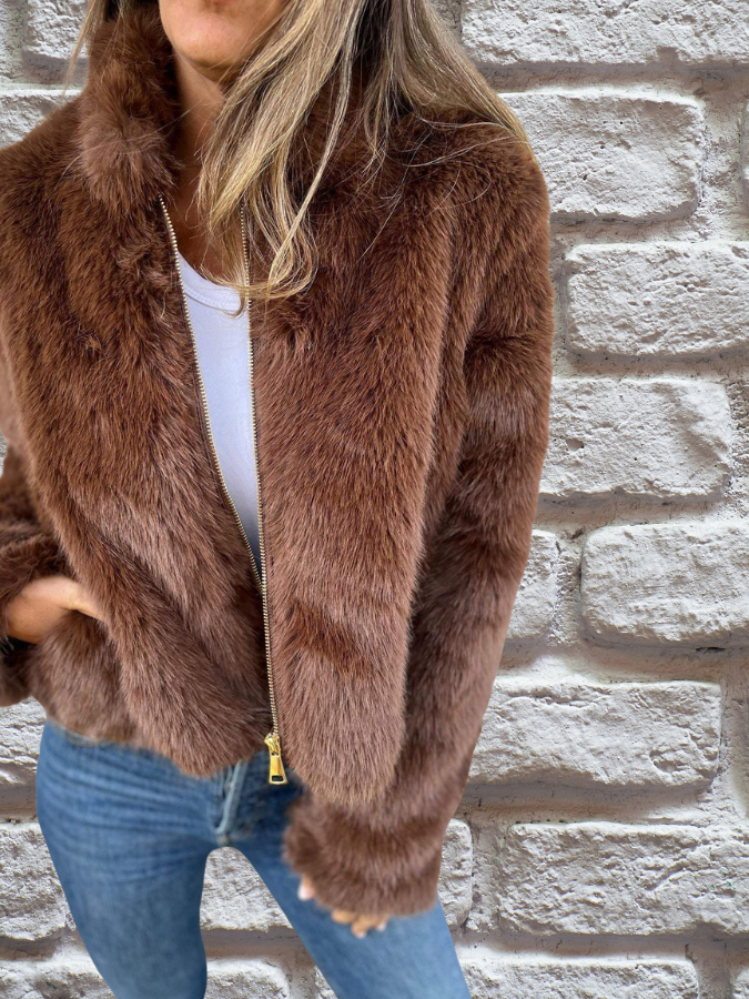 Hiya Veste courte en fausse fourrure pour femme – Manteau chic à fermeture zippée avec détails en fourrure & coupe chaude et confortable