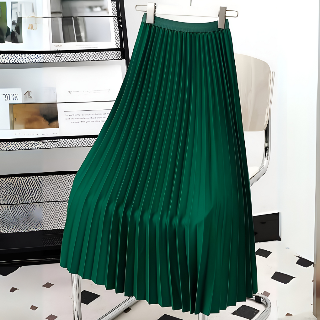 Jupe Mi-Longue Plissée en Satin Élégante pour Femme – Taille Haute Coupe Évasée