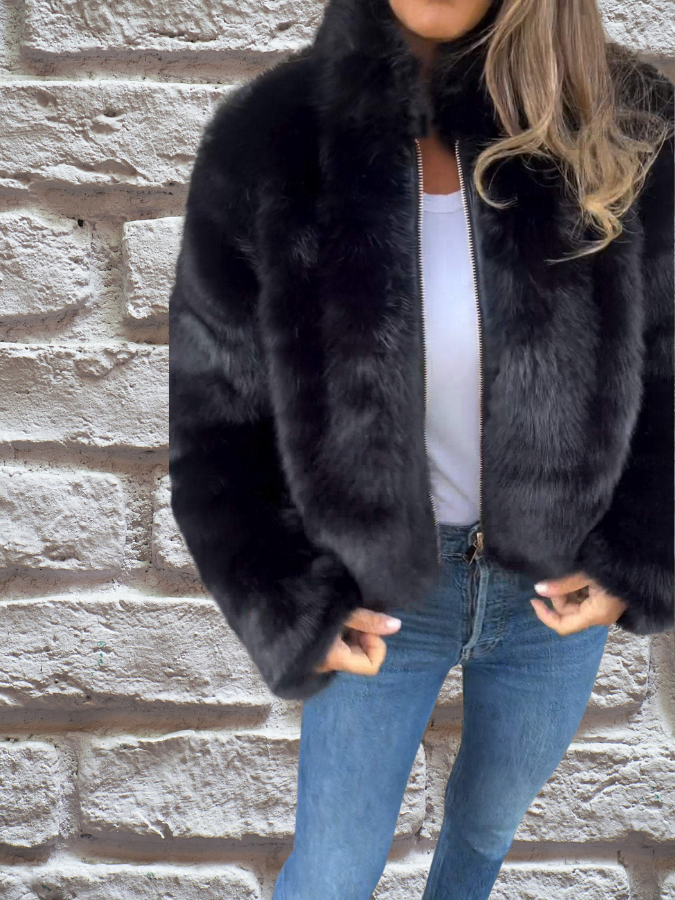 Hiya Veste courte en fausse fourrure pour femme – Manteau chic à fermeture zippée avec détails en fourrure & coupe chaude et confortable