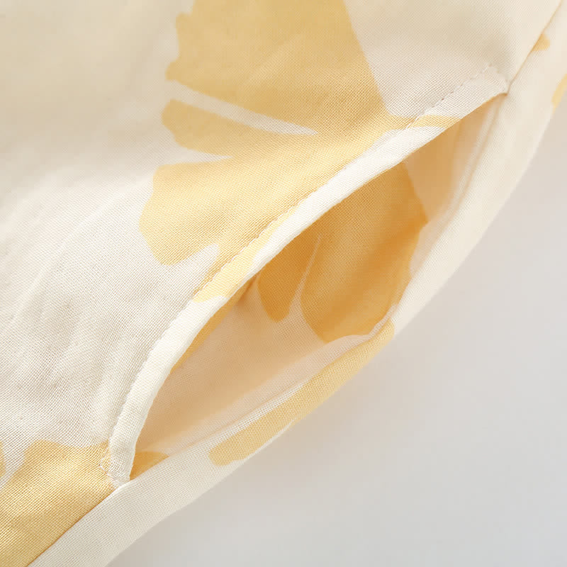 Pyjama Décontracté Élégant Femme à Feuilles de Ginkgo – Ensemble 2 Pièces Léger et Doux en Coton avec Noeud Décoratif et Coupe Ample