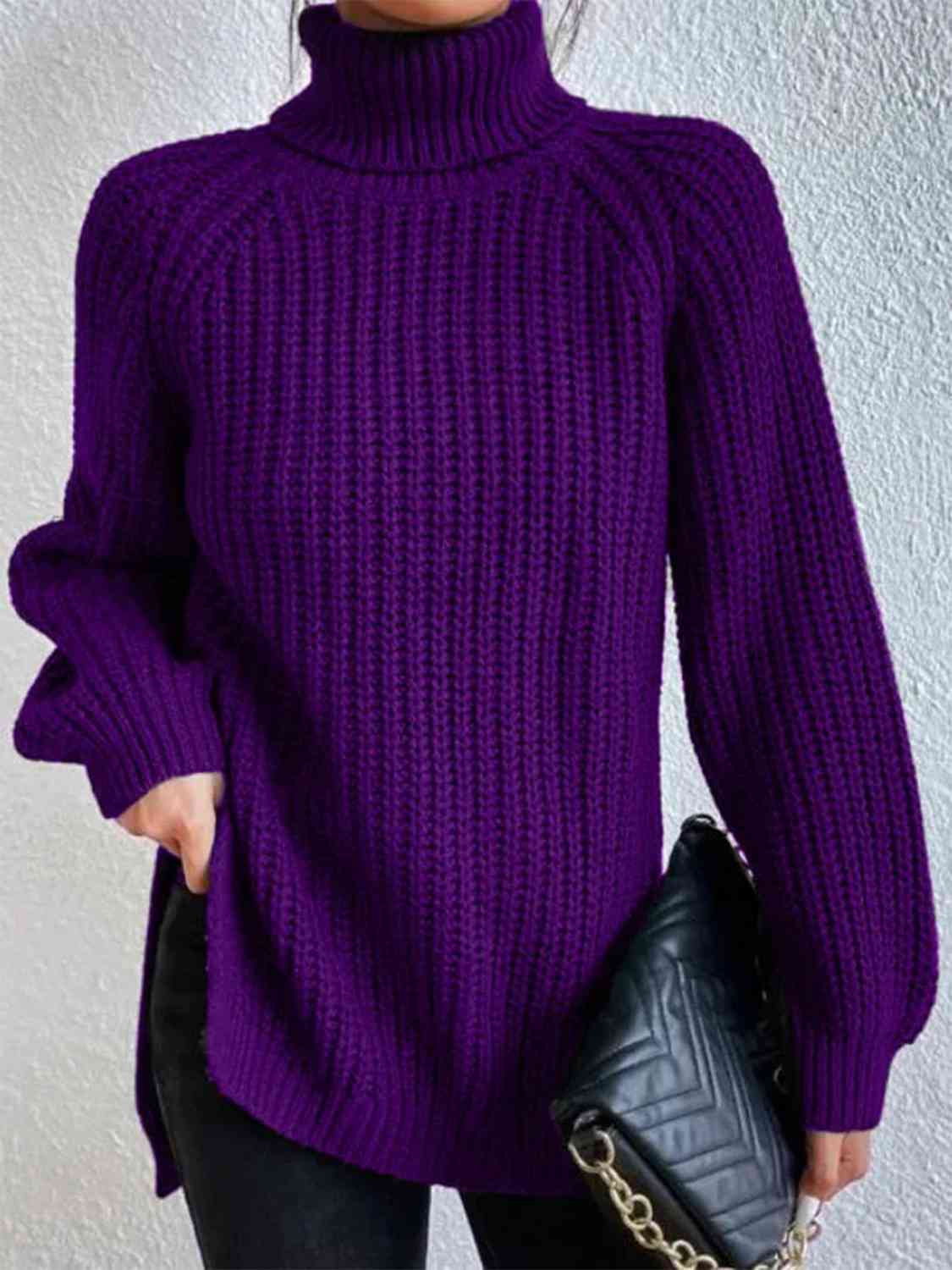 Angela Pull Femme – Pull à Col Roulé Côtelé avec Fente Latérale Chic pour Automne/Hiver Élégant