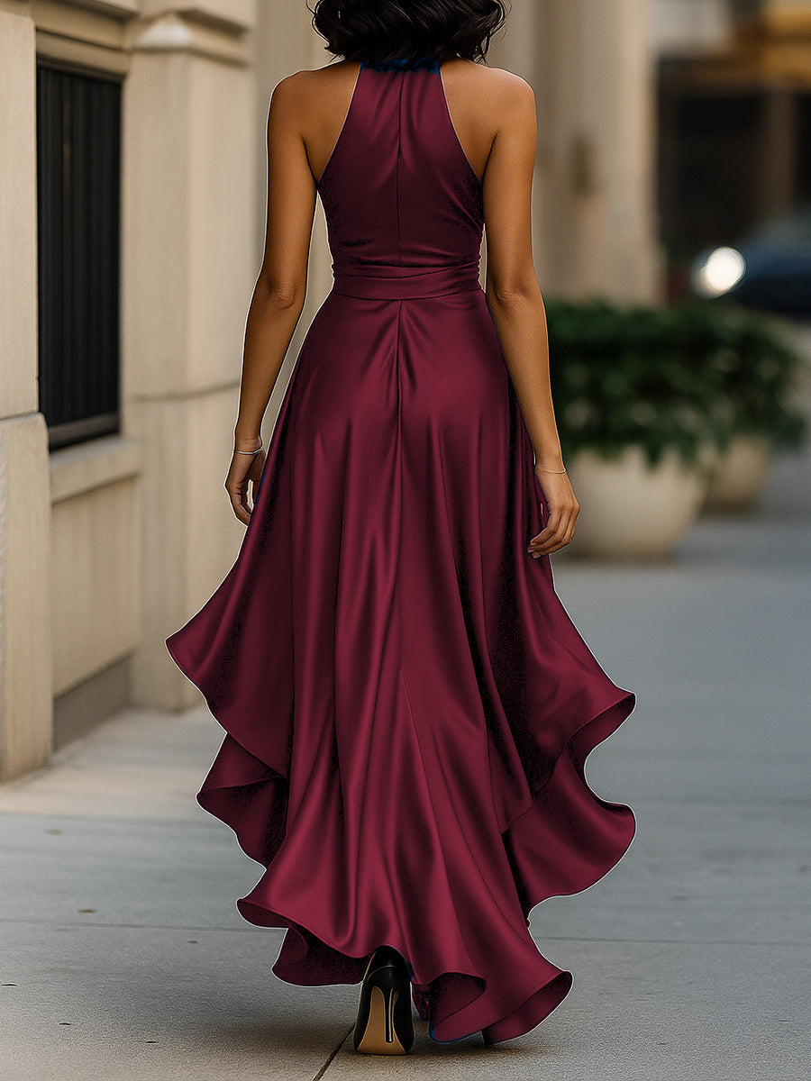 Midnight Elegance Satin-Neckholder-Rüschengown