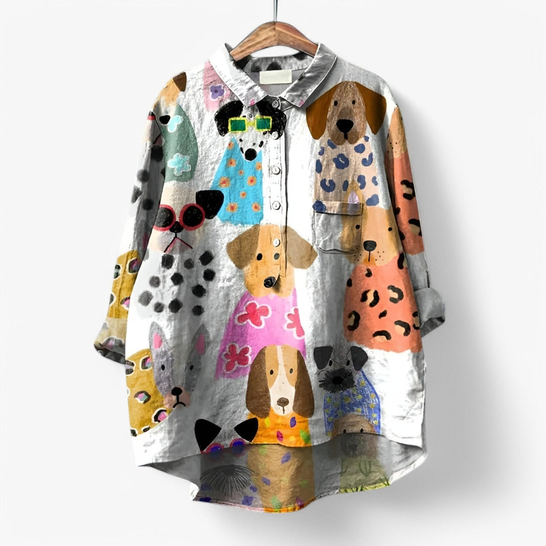 Daisy – Chemise à imprimé chien ludique avec boutonnage sur le devant et manches longues