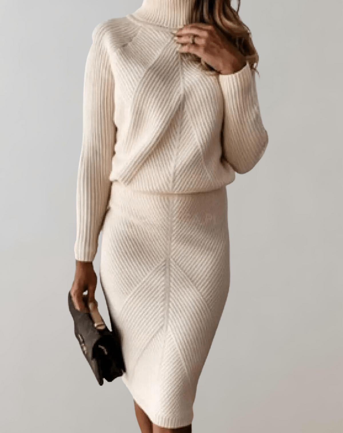 Ensemble Femme en Tricot Côtelé – Pull Col Roulé avec Jupe Ajustée