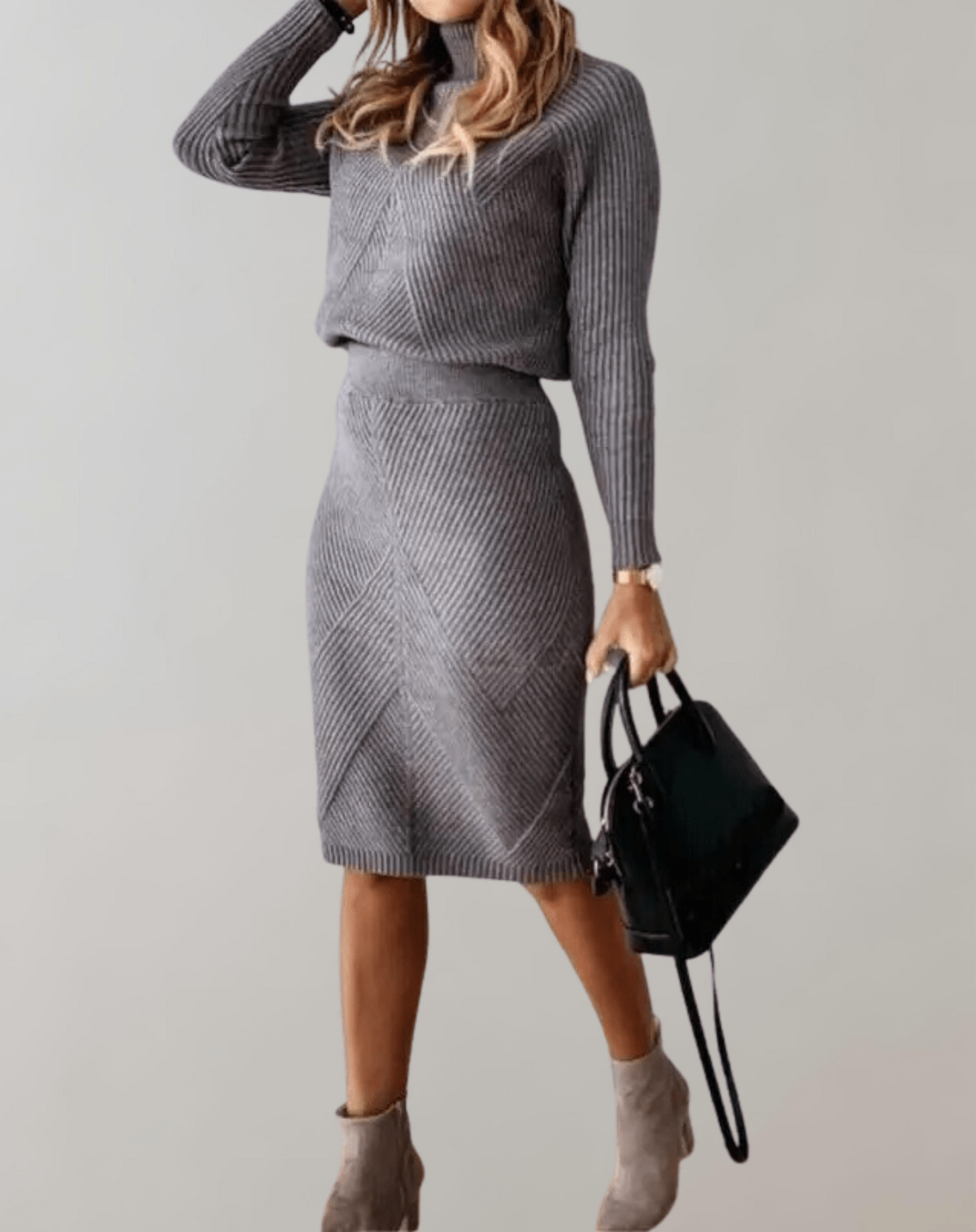 Ensemble Femme en Tricot Côtelé – Pull Col Roulé avec Jupe Ajustée
