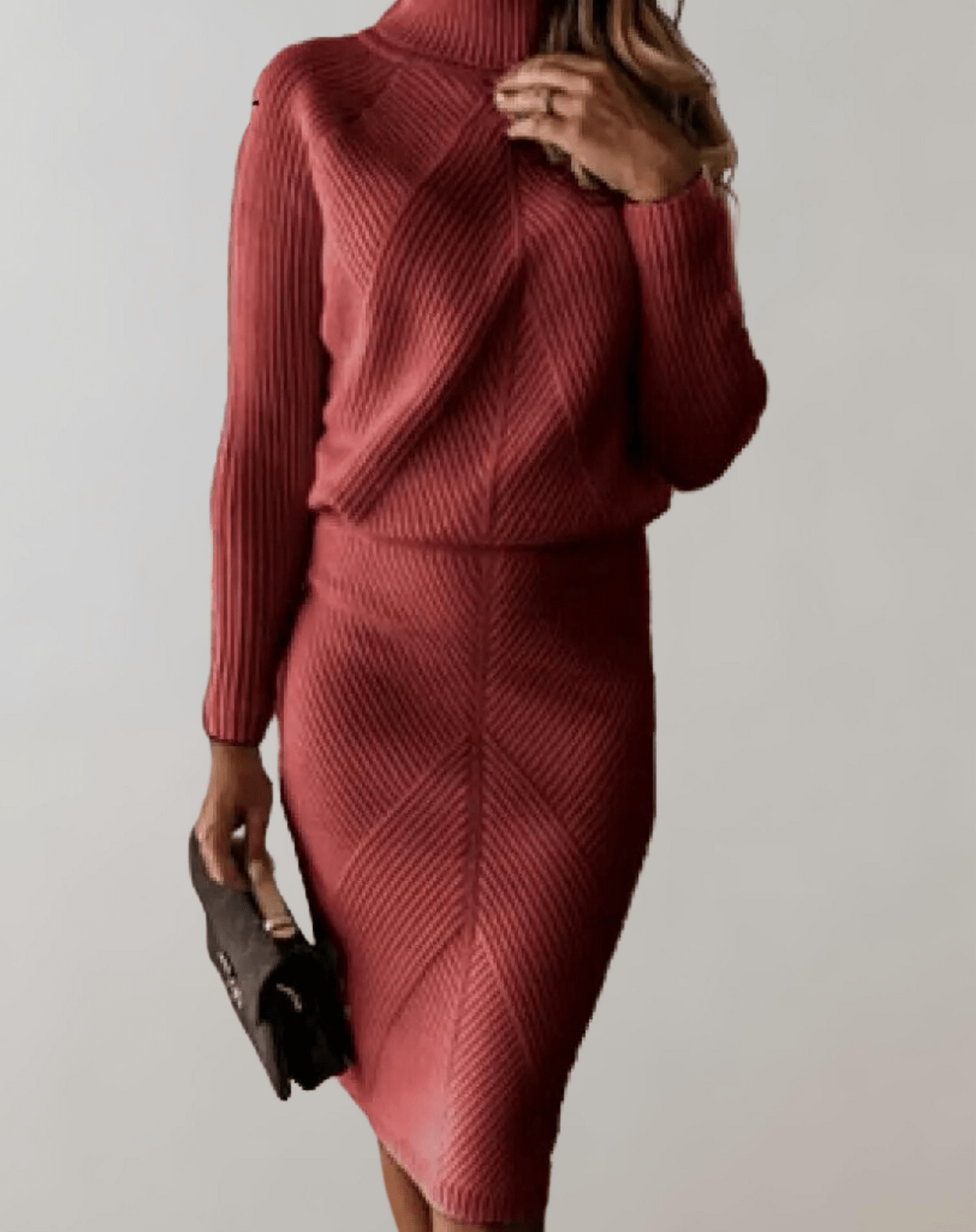 Ensemble Femme en Tricot Côtelé – Pull Col Roulé avec Jupe Ajustée