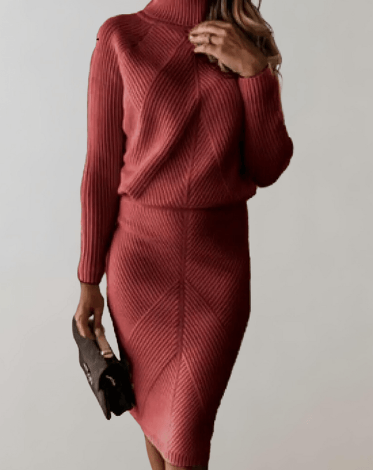 Ensemble Femme en Tricot Côtelé – Pull Col Roulé avec Jupe Ajustée