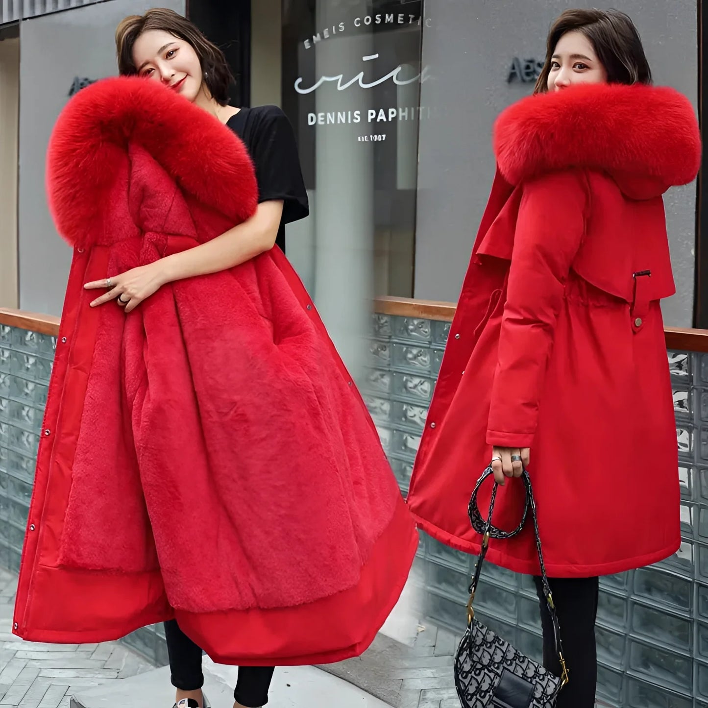 Blue oversized faux fur hooded coat for women with a luxurious winter design, featuring a spacious fit suitable for layering, shown in a vibrant red color and available in size 5XL.