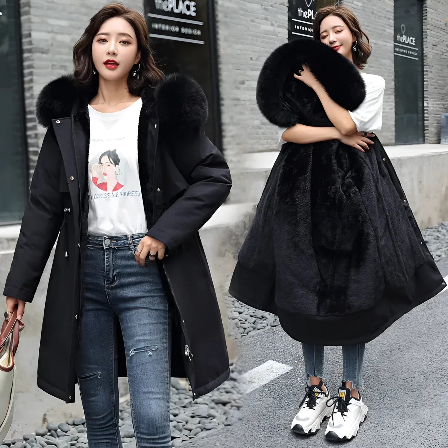 Black oversized faux fur hooded coat for women in a luxurious winter style, featuring long sleeves and a plush texture, worn by a model with shoulder-length hair and stylish eyewear.
