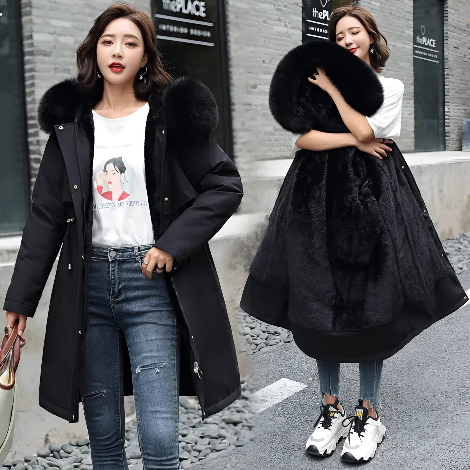 Black oversized faux fur hooded coat for women in a luxurious winter style, featuring long sleeves and a plush texture, worn by a model with shoulder-length hair and stylish eyewear.