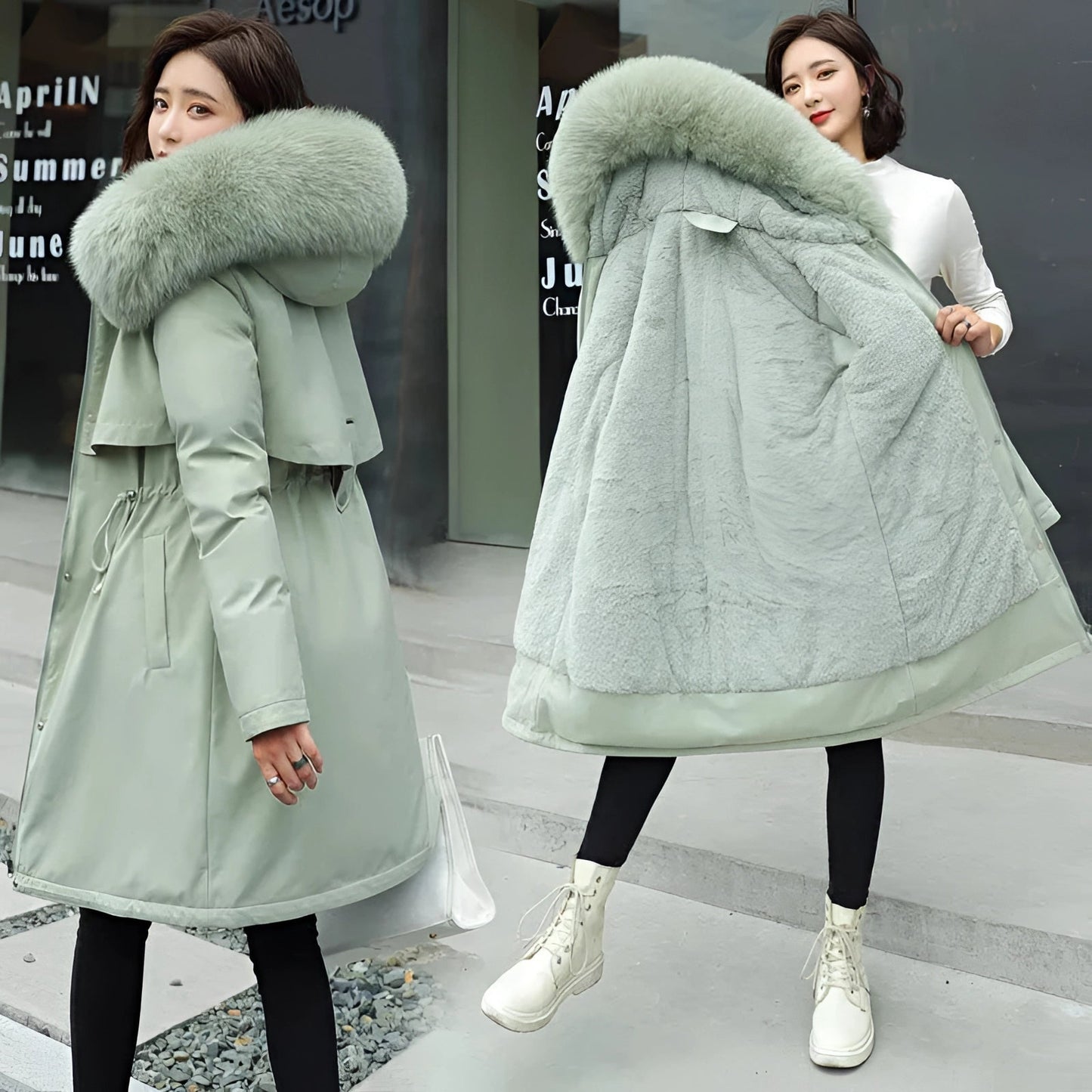 Blue oversized faux fur hooded coat for women, showcasing a luxurious winter jacket with a voluminous silhouette in a rich blue color. The coat features a soft, plush texture, long sleeves, and a cozy hood, designed for comfort and style during colder seasons.