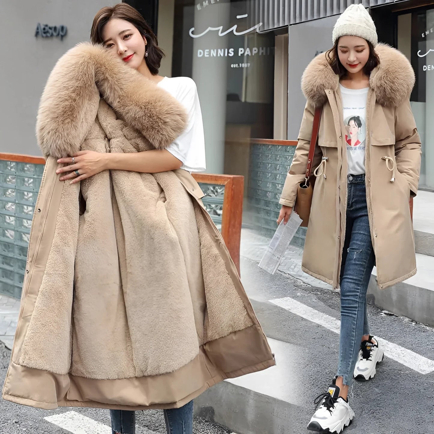 
A woman wearing a beige oversized faux fur hooded coat, styled as a luxurious winter jacket, standing confidently with a smile. The coat features long sleeves and falls below the waist, reflecting fashionable and cozy outerwear suitable for cold weather.
