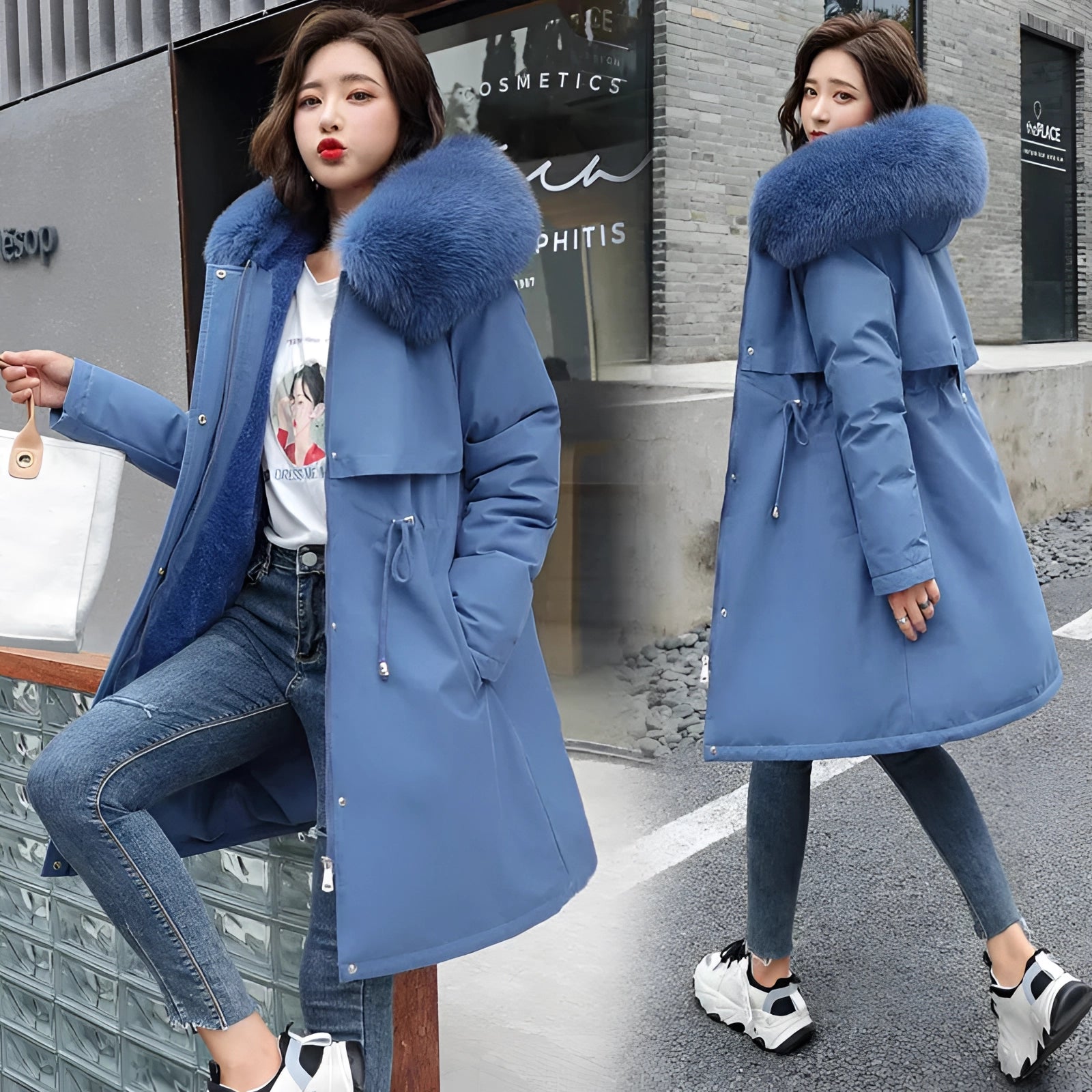 Blue oversized faux fur hooded coat for women, luxury winter jacket in size 5XL, featuring a rich blue color with a plush texture, photographed on a neutral background, showcasing the coat's voluminous hood and elegant shoulder design.
