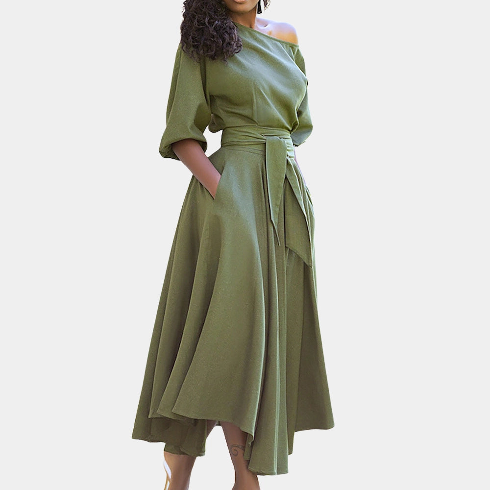 Burgundy midi wrap dress with an asymmetrical neckline and batwing sleeves, showcasing a stylish and elegant design suitable for day wear. The dress is displayed in a 3XL size, highlighting its fashionable cut and comfortable fit.