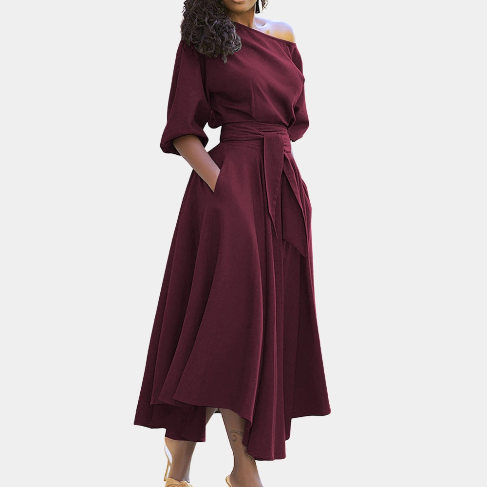 Burgundy midi wrap dress with an asymmetrical neckline and batwing sleeves, in a rich red wine color, size 3XL.
