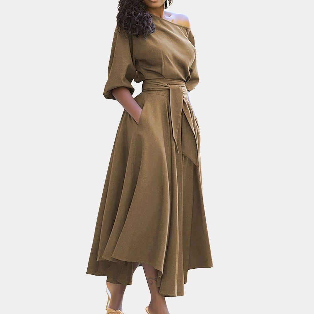 Burgundy midi wrap dress featuring an asymmetrical neckline and batwing sleeves, shown in khaki color, size 3XL.