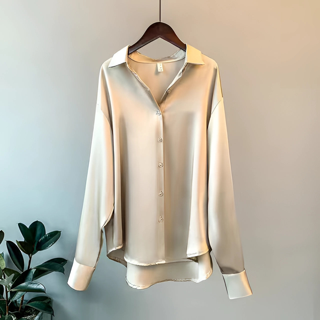 Elegant champagne-colored silk blouse for women in size 3XL, featuring a satin finish with a button-up design, displayed on a clothes hanger with a focus on the collar and long sleeves.