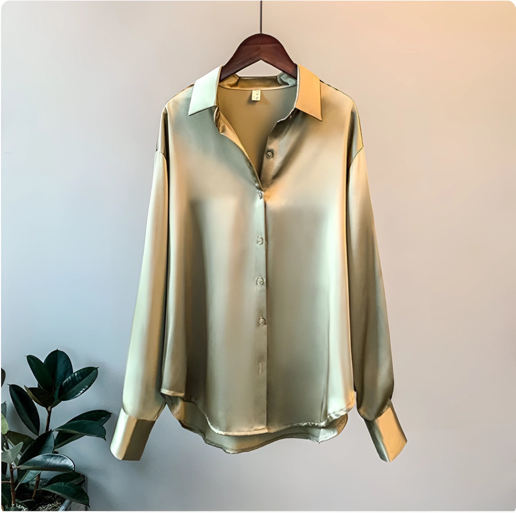 Olive green silk blouse for women in 3XL size, featuring a satin finish with a button-up front, long sleeves, and a classic collar, perfect for formal or elegant occasions.