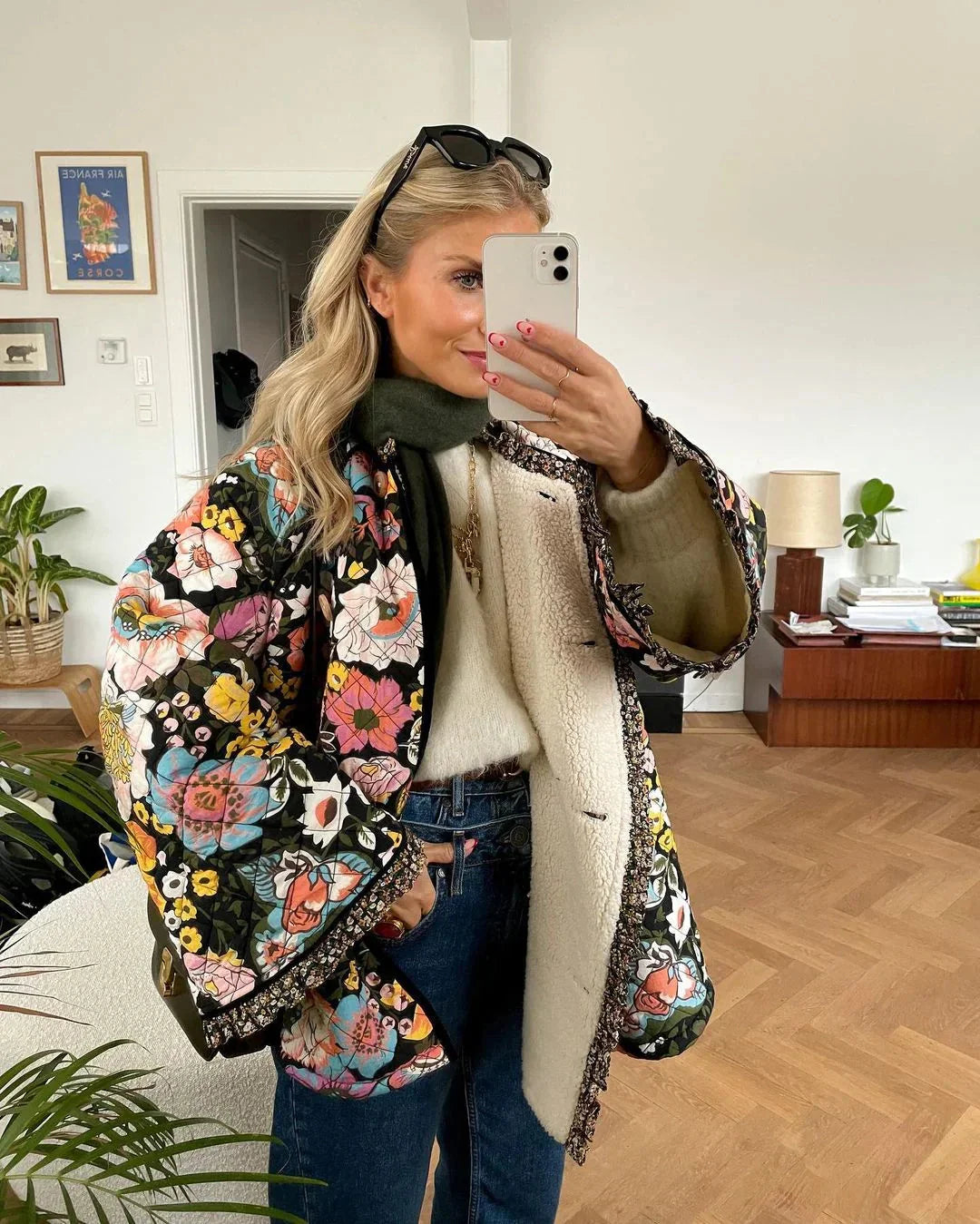 Women's trendy multicolor floral puffer jacket in black, size 3XL, with stylish patterns and a cozy design perfect for winter.