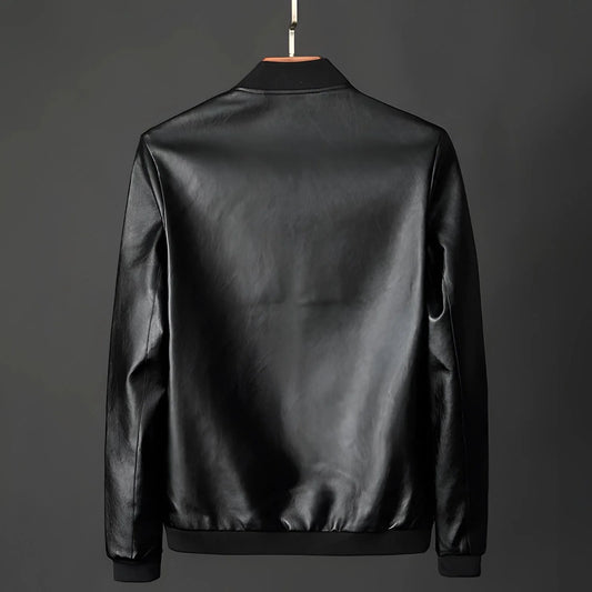 Men's classic black glossy leather jacket displayed on a clothes hanger, featuring a sleek design with a collar and long sleeves, ideal for luxury outerwear and formal wear occasions.
