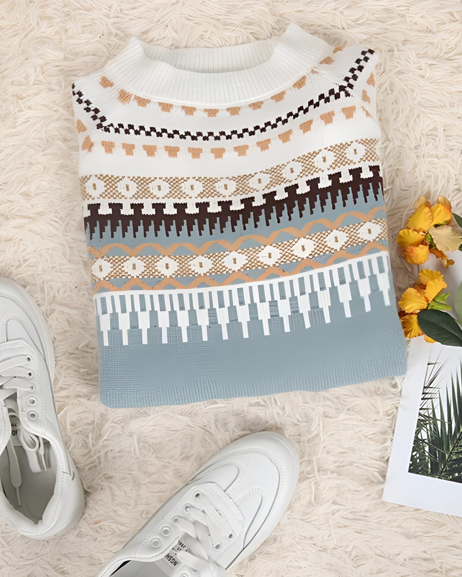 Mint green Fair Isle women's sweater with intricate Scandinavian knit patterns featuring long sleeves.