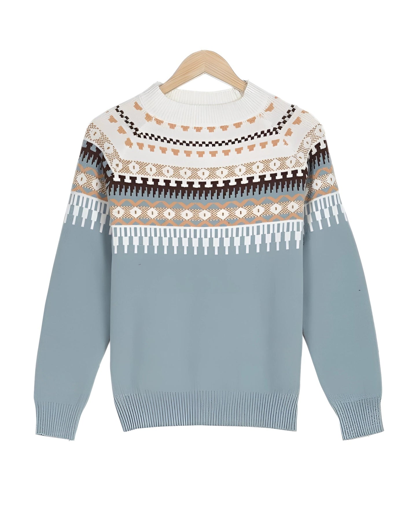 Mint green women's sweater with Fair Isle pattern, featuring long sleeves and a cozy Scandinavian knit design.