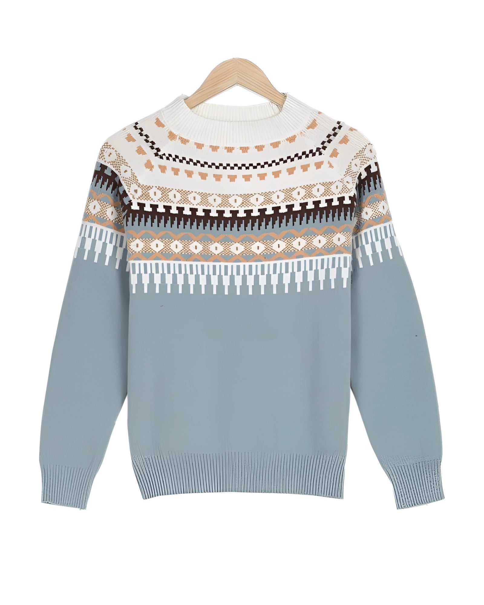 Mint green women's sweater with Fair Isle pattern, featuring long sleeves and a cozy Scandinavian knit design.