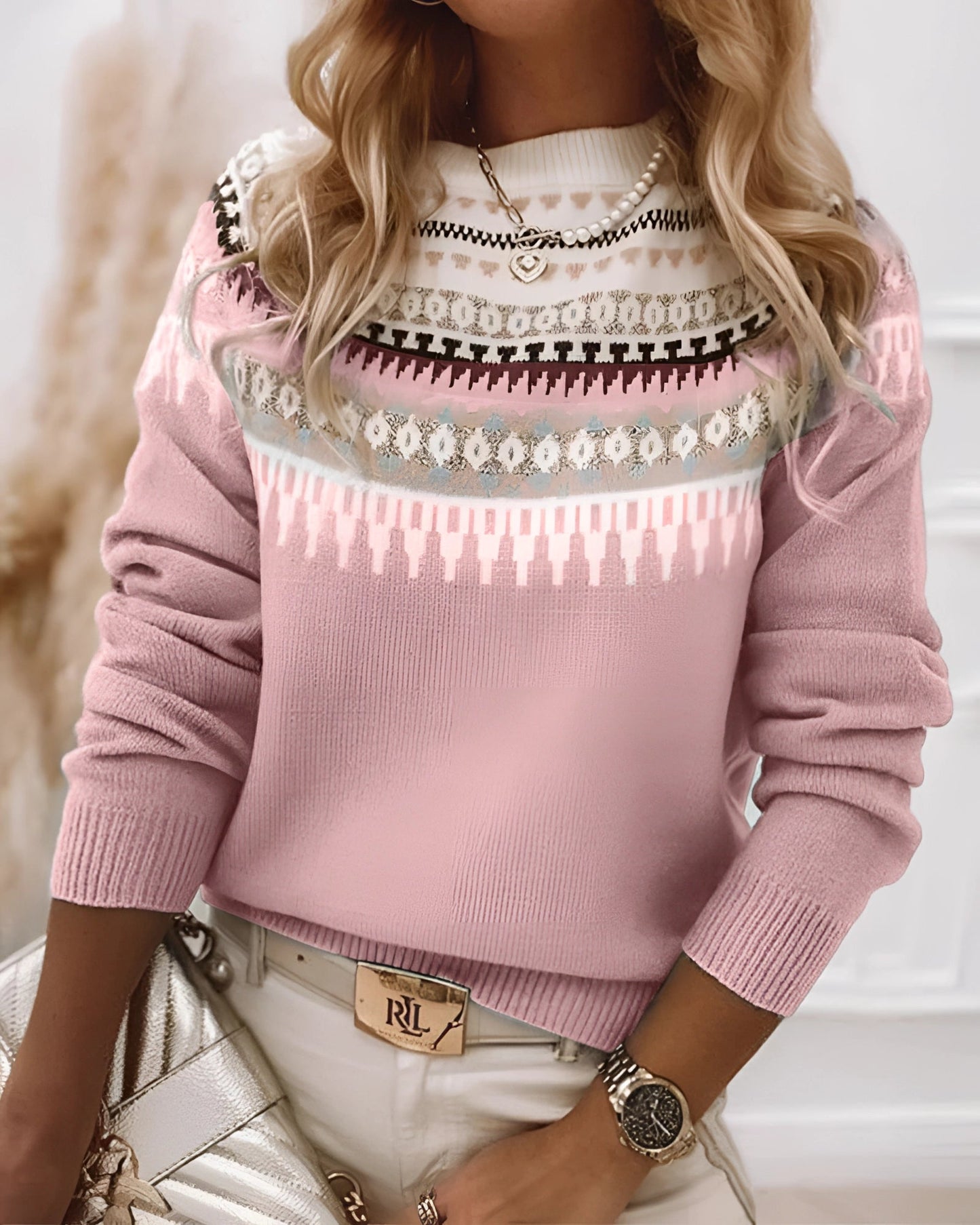 Mint green Fair Isle women's sweater with a Scandinavian knit pattern, featuring long sleeves and a cozy design in a rose color, size XXL.