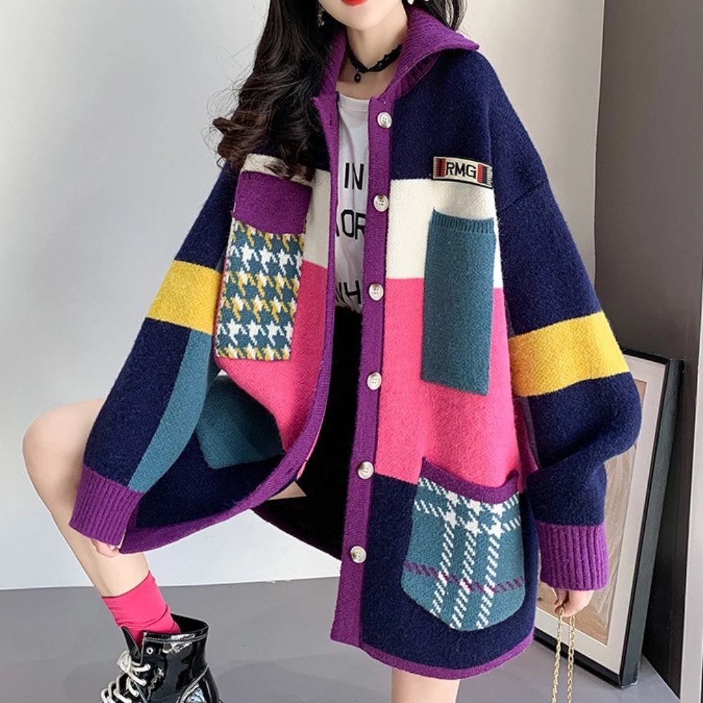 Oversized purple and pink color block women's cardigan featuring a geometric design, long sleeves, and a collar, suitable for autumn wear in an XL size.