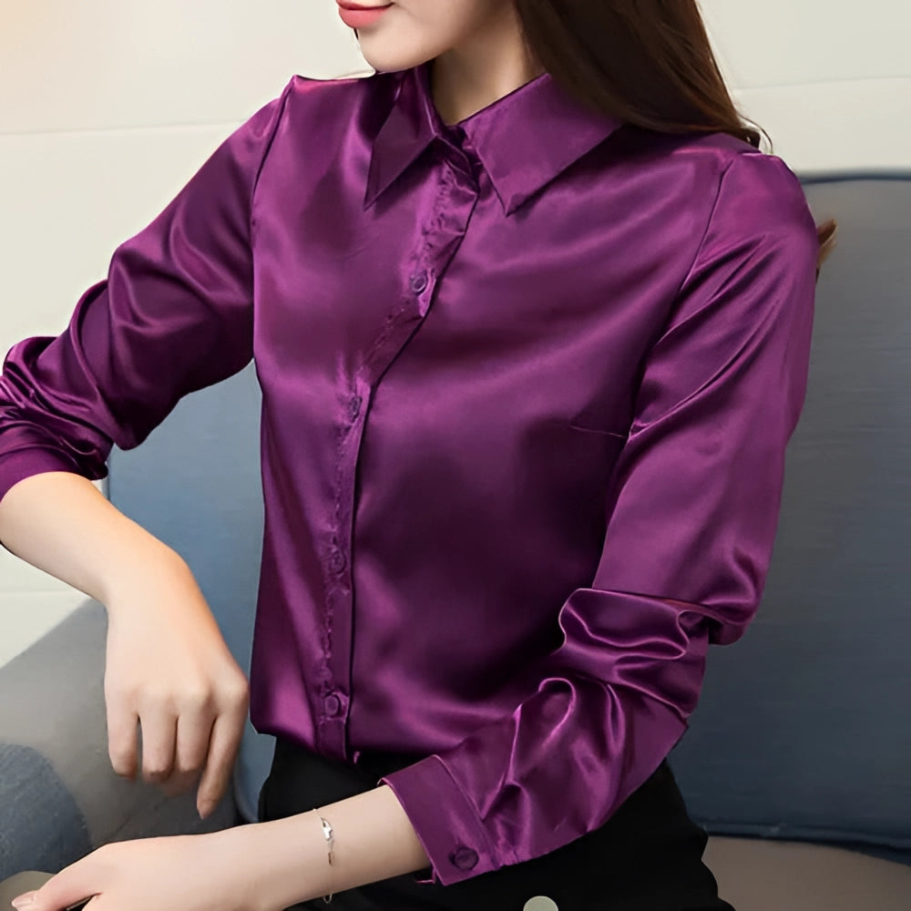Teal satin button-up blouse in a vibrant violet shade, featuring long sleeves and a classic collar, designed for elegant office wear in 3XL size.