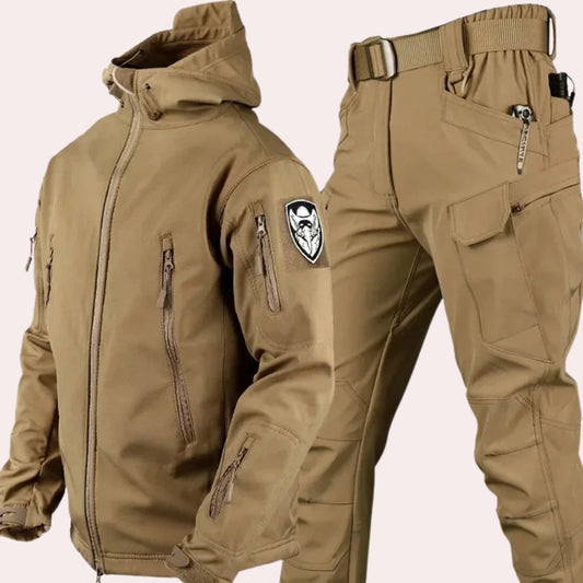 Khaki waterproof hooded tactical jacket and cargo pants set in camouflage design, suitable for outdoor activities, featuring a military-inspired style with long sleeves, collar, and durable fabric in size 4XL.