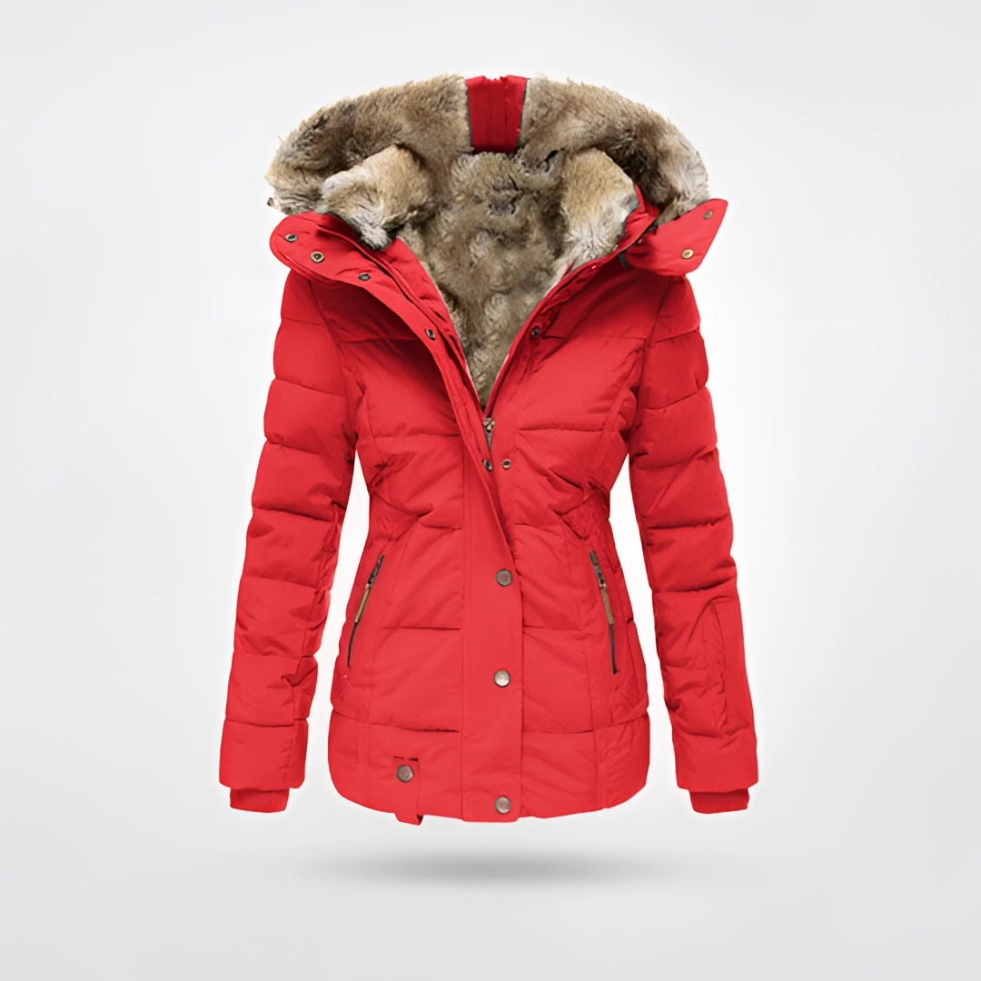 Women's black fur-lined insulated hooded winter parka with waterproof material, featuring a stylish design and long sleeves.