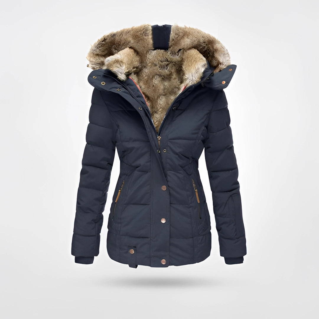 Women's blue fur-lined insulated hooded winter parka in 5XL, showcasing a stylish design with a warm fur collar and sleeves, made from waterproof materials.