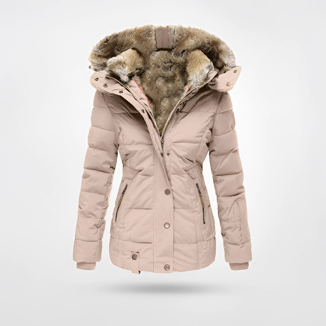 Women's Pink Fur-Lined Insulated Hooded Winter Parka in Size 5XL, Waterproof with Stylish Design and Natural Fur Collar.